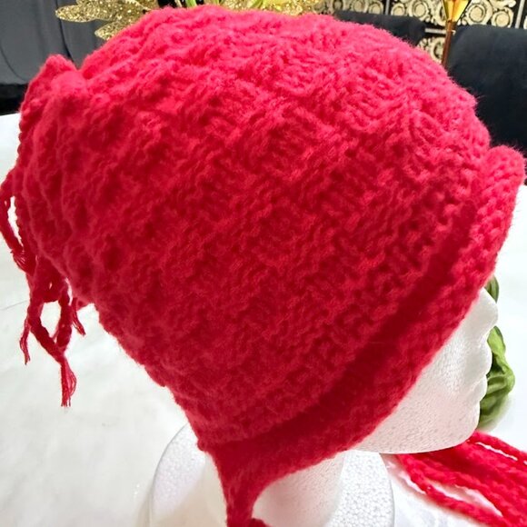 Red Knitted Winter Hat with Long Braided Tassels – Soft & Warm - Picture 7 of 7